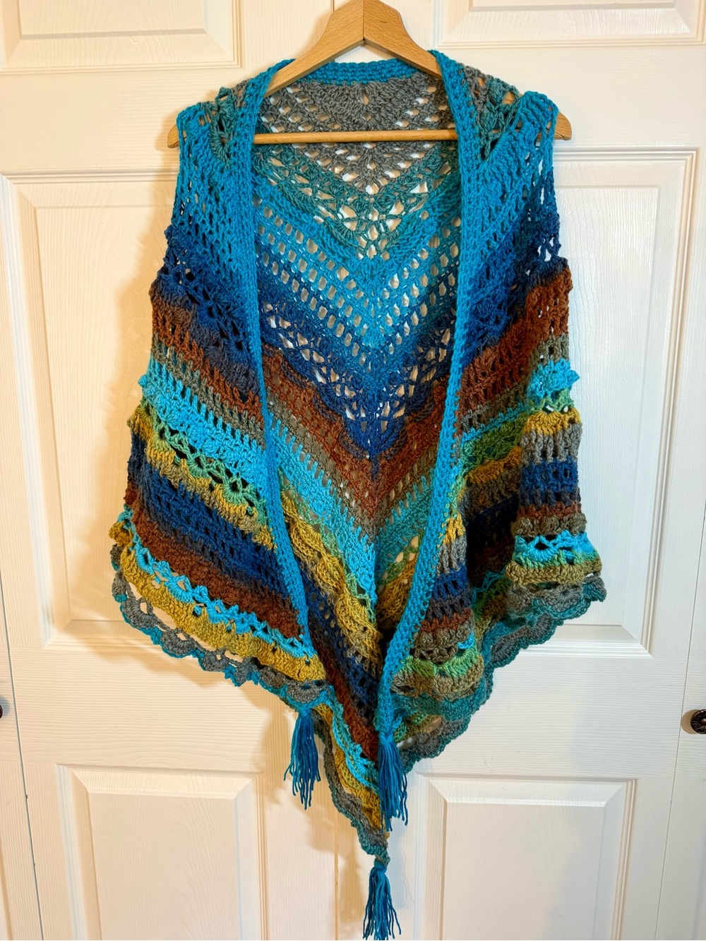Boho Crochet Shawl in Teal, Blue & Brown